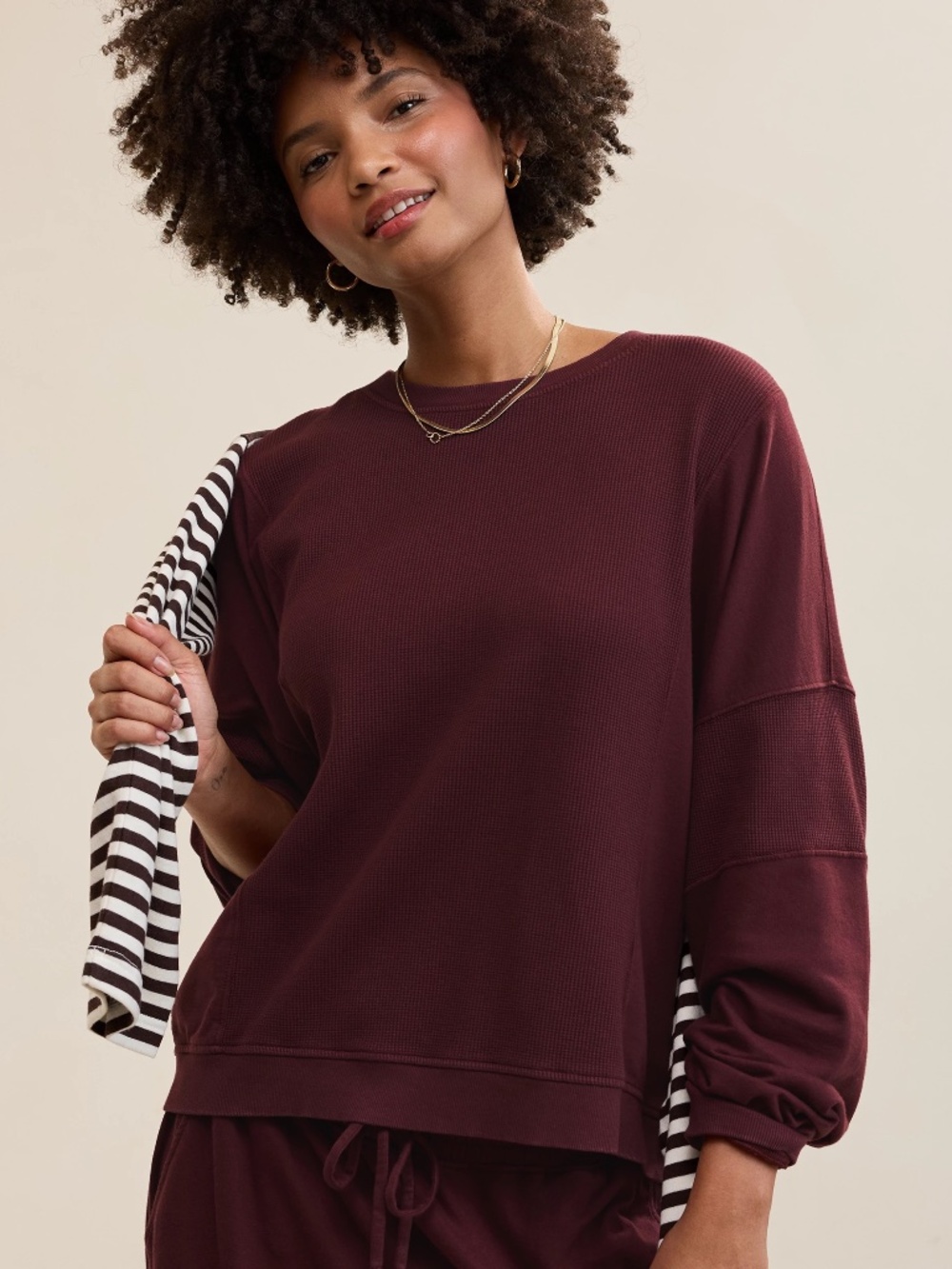NWT- Aerie Unwind Waffle Long Sleeve T-Shirt - Royal Berry/ Burgundy